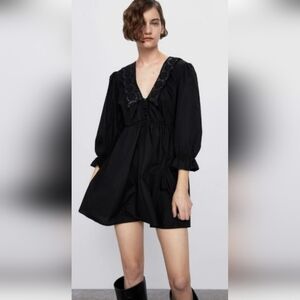 Zara Black Mini Dress with Embroidered Detail Size L